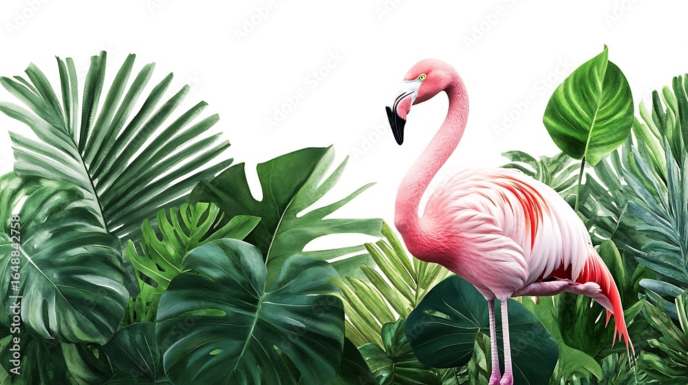 Fototapeta premium Elegant watercolor illustration of a pink flamingo in lush tropical foliage photo