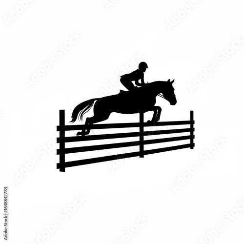 Dynamic silhouette of a horse and rider jumping over a fence