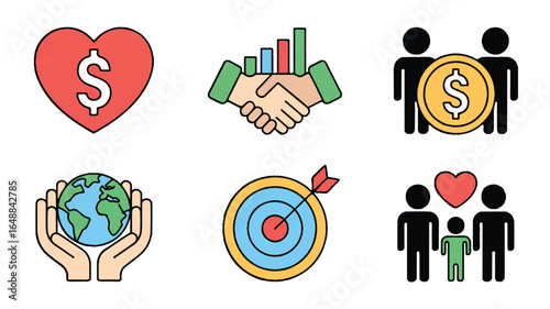 Colorful Icon Set Representing Business Social Responsibility Goals and Ethical Investing Principles for Sustainable Development Projects with Financial Benefits and Community Support