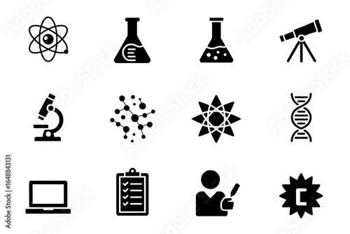 Black and white science icons depicting lab equipment and scientific concepts in a grid pattern created with generated ai