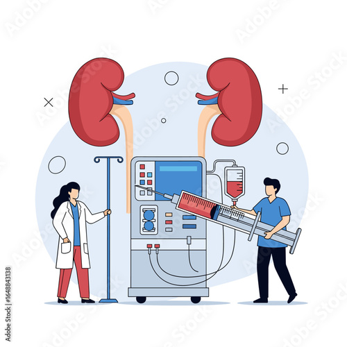Medical professionals administering kidney dialysis treatment with advanced equipment and patient care expertise