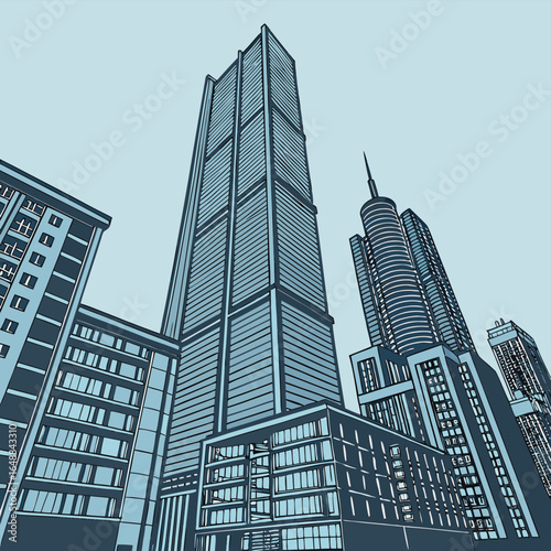 A collection of modern skyscrapers with blue glass facades viewed from below on a light blue background