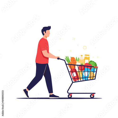 Man pushing shopping cart filled with groceries and food items