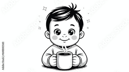 Cute Baby Cartoon Character Enjoying a Steaming Hot Beverage Illustration for Childrens Books and Educational Materials Black and White Drawing