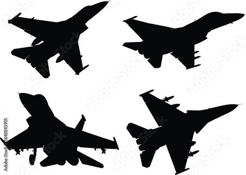 Dynamic silhouettes of modern jet fighter planes soaring through the sky for design use
