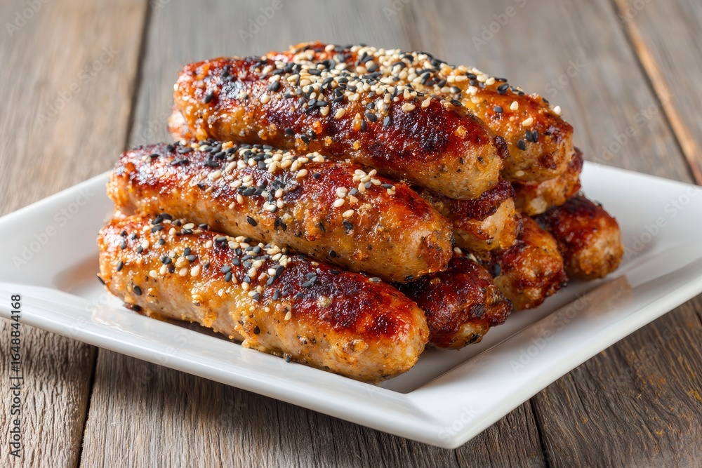 A stack of glazed sausages sprinkled with black white sesame seeds on a white rectangular plate set against a wooden surface A stack of glazed sausages sprinkled with black white sesame seeds on a white rectangular plate set against a wooden surface