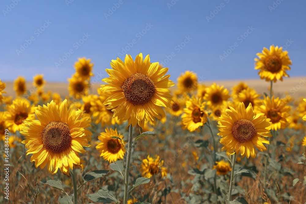 Obraz premium Sunflowers fill the frame under a blue sky a field of yellow blooms on green stems