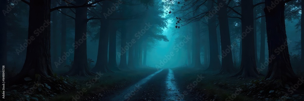 Fototapeta premium A dimly lit, eerie forest path at night, shrouded in mist and shadows, creating a suspenseful and mysterious atmosphere Perfect for horror, thriller, or mystery projects , shadows, creepy, moonlight