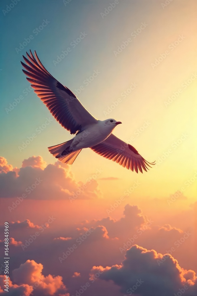 Fototapeta premium A lone bird soars through a vast, clear sky, wings outstretched, embodying the boundless freedom of flight and the unrestricted movement of a vector in space , sunlight, sky, unconstrained