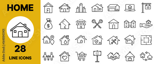Home Icon Set – House, Apartment, Cottage, Villa, Garage, Living Room, and Garden Vector Collection for Real Estate, Interior, and Residential Design Concepts