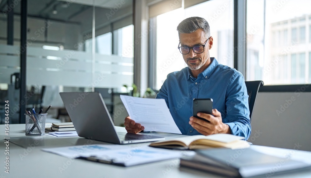 Fototapeta premium A person flipping through documents on a desk and checking their smartphone