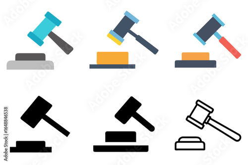 Flat icon of a judge's gavel with a rectangular base for justice and legal symbols

