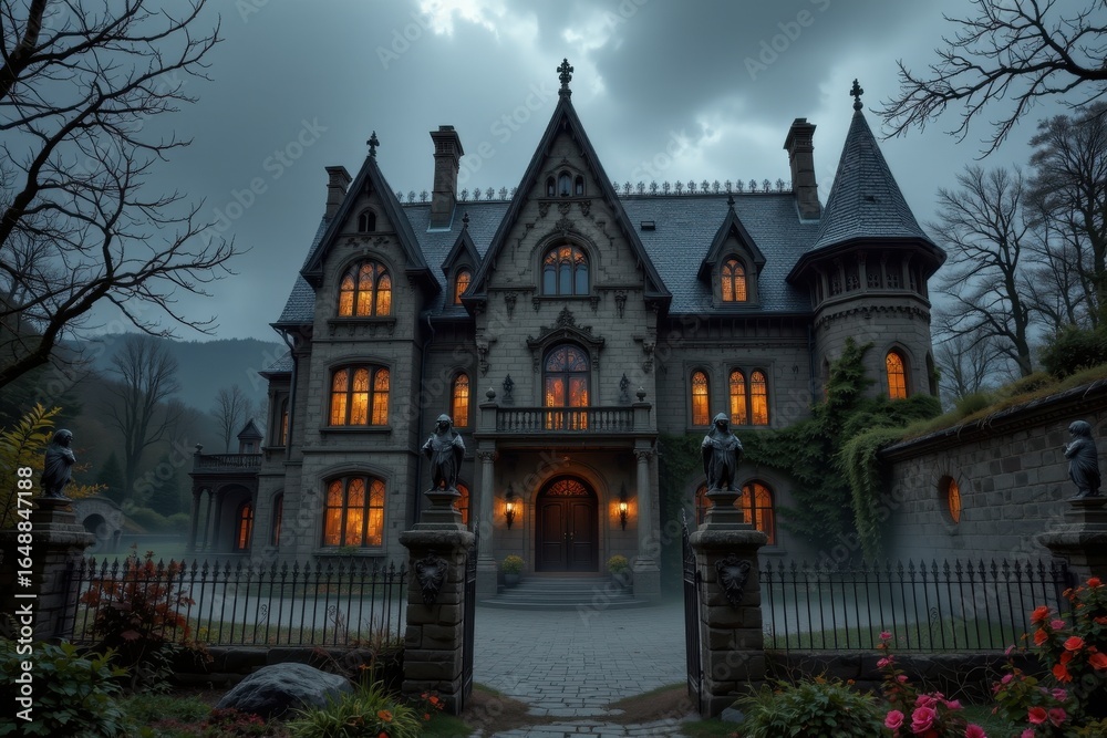 Fototapeta premium creepy mansion for halloween with steep roofs tall spires broken windows stone gargoyles weathered walls overgrown gardens twisted iron fences and fog drifting across the courtyard