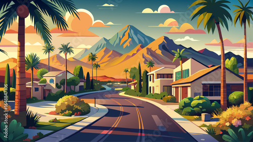 In Paradise Valley, AZ, a scenic view unfolds, with Camelback Mountain rising majestically beyond an affluent neighborhood street, framed by palm trees, manicured lawns, and golden sunlight.