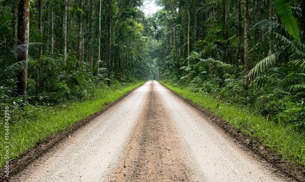 Fototapeta premium A dirt road winds through a dense rainforest. Lush greenery surrounds a pale pathway, disappearing into the distance