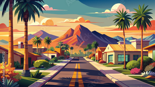 In Paradise Valley, AZ, a scenic view unfolds, with Camelback Mountain rising majestically beyond an affluent neighborhood street, framed by palm trees, manicured lawns, and golden sunlight.