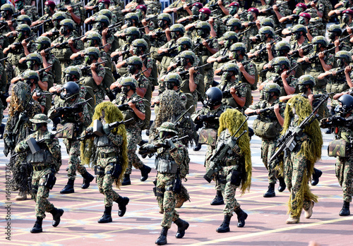 Soldiers in camouflage uniforms stand in formation during military parade