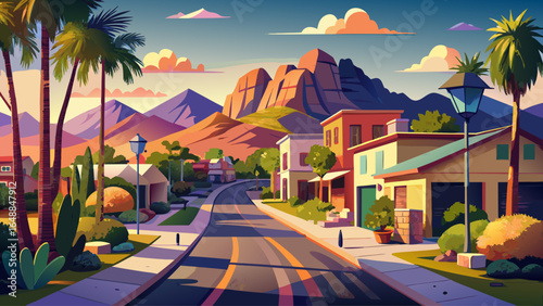 In Paradise Valley, AZ, a scenic view unfolds, with Camelback Mountain rising majestically beyond an affluent neighborhood street, framed by palm trees, manicured lawns, and golden sunlight.