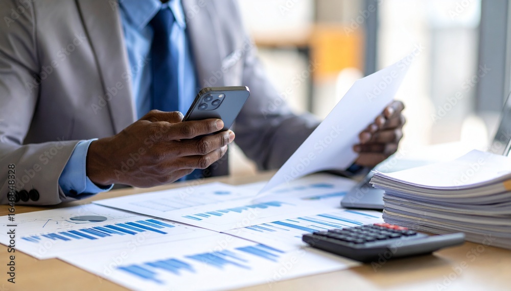 Fototapeta premium A person flipping through documents on a desk and checking their smartphone
