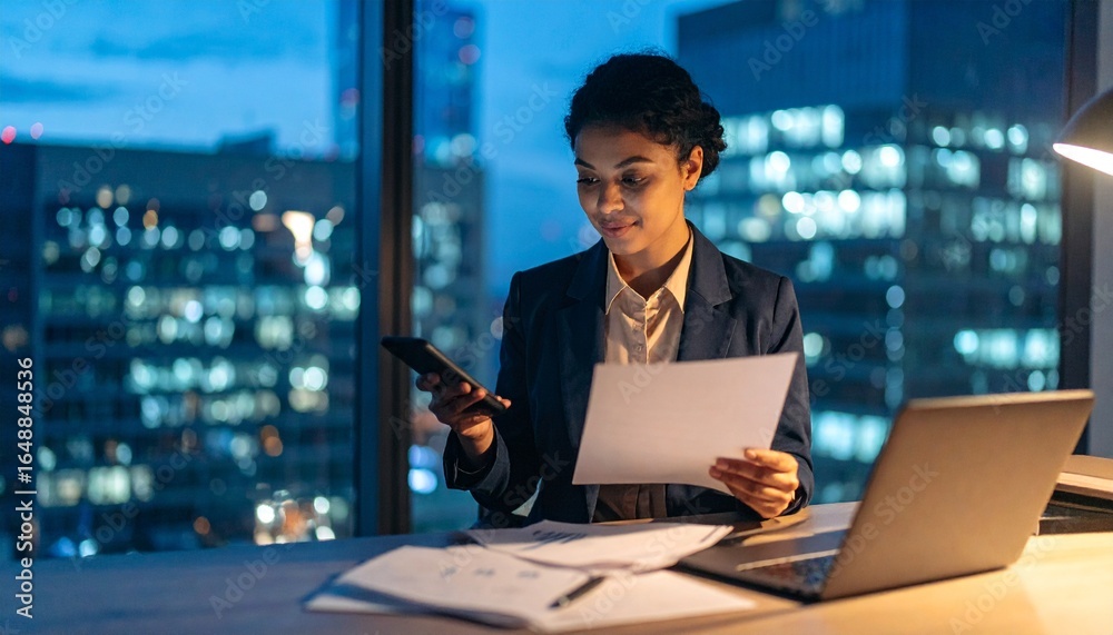 Fototapeta premium A person flipping through documents on a desk and checking their smartphone