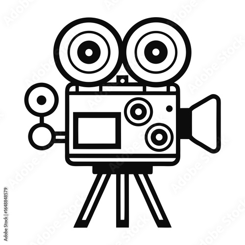 Vintage movie camera icon on a tripod for film production and cinema
