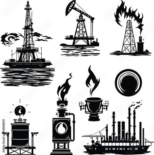 Oil industry vector illustration set with offshore platforms and refinery silhouette design element 100