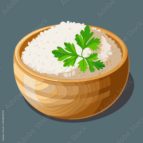 A wooden bowl filled with fluffy white rice and garnished with fresh green parsley