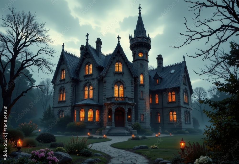 Fototapeta premium haunted mansion for halloween towering spires steep roofs broken windows jagged chimneys cracked stone walls overgrown gardens flickering candlelight casting shadows on ground
