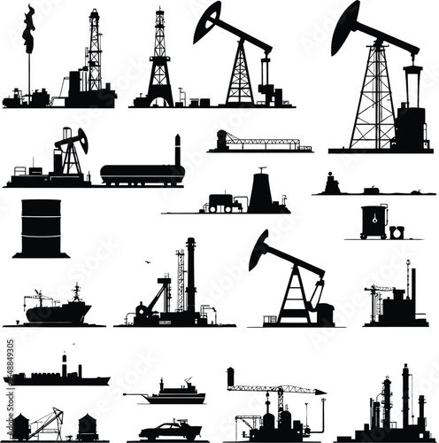 Oil and gas industry vector illustration silhouette of rigs refinery and pump jack industrial equipment