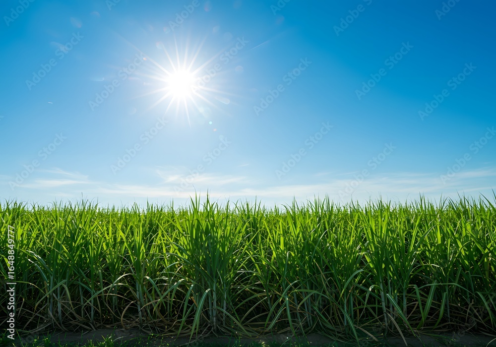 Fototapeta premium Sugarcane Field Under Bright Sunny Sky Agriculture, Landscape, Farming, Sunshine, Clear Blue Sky