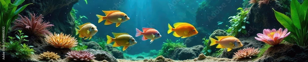 Naklejka premium Vibrant tropical fish swim gracefully in a lush, planted aquarium The underwater scene is filled with bright colors and healthy plants, creating a captivating aquatic ecosystem , tropical, nature