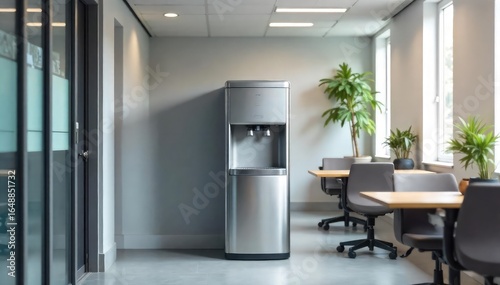 A stainless steel water cooler dispenser stands in an office breakroom, ready to provide refreshing cold water Clean lines, modern design, and a sleek appearance , modern, equipment