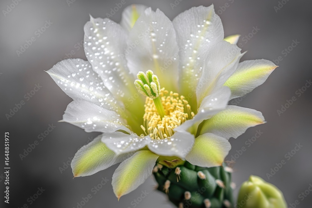 Obraz premium A close-up of a pristine white cactus flower with dew drops, showcasing intricate details.