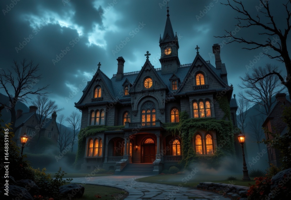 haunted halloween mansion with tall pointed towers steep roofs cracked walls broken windows twisted chimneys overgrown ivy fog drifting across shadowed stone courtyard and eerie candlelight haunted halloween mansion with tall pointed towers steep roofs cracked walls broken windows twisted chimneys overgrown ivy fog drifting across shadowed stone courtyard and eerie candlelight