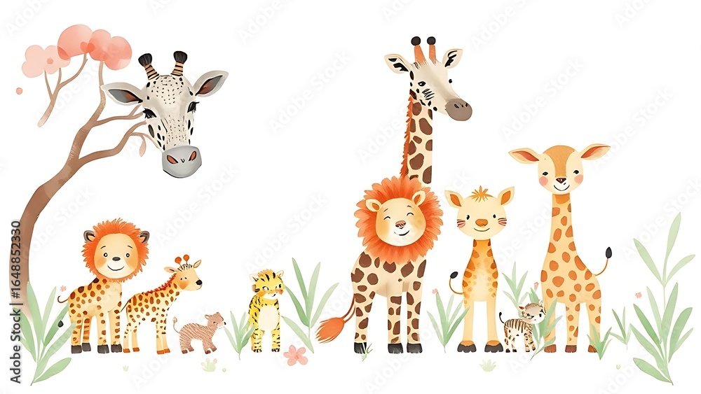 Naklejka premium Whimsical watercolor illustration of safari animals in soft pastel tones, perfect for nursery decor.