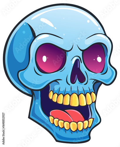 Blue skull with purple glowing eyes, halloween clipart illustration 