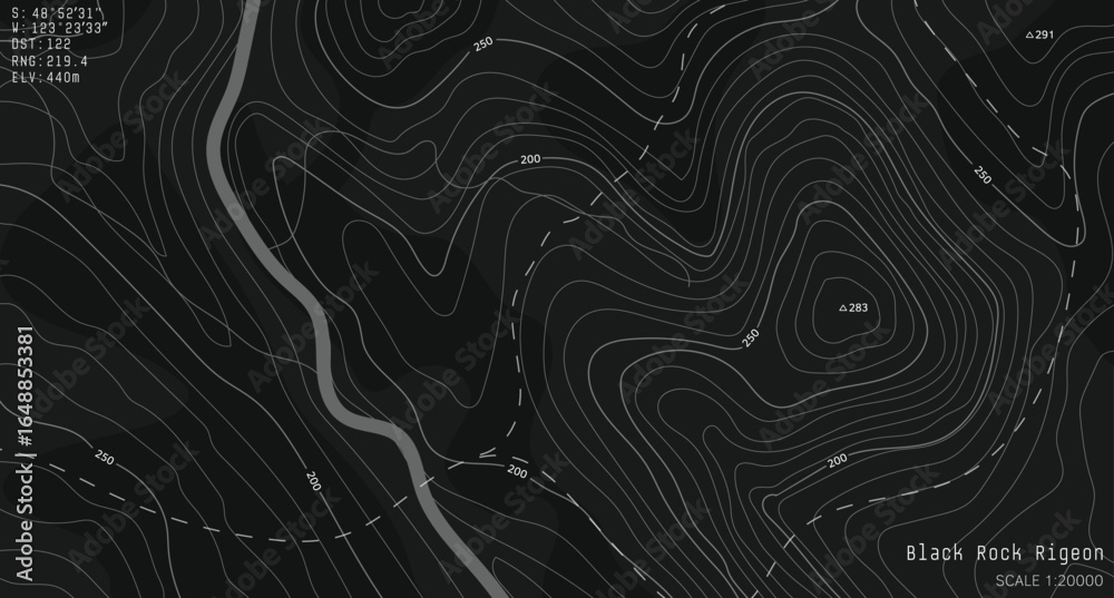 Fototapeta premium Black and white topographic map with contour lines and elevation marks. Stylish fantasy topo map for navigation with terrain contour and elevation signs. 
