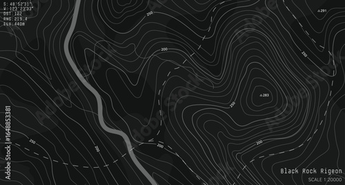 Black and white topographic map with contour lines and elevation marks. Stylish fantasy topo map for navigation with terrain contour and elevation signs. 
