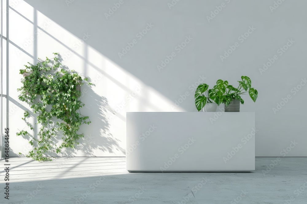 Fototapeta premium Bright, minimalist reception desk in a sunlit room. Plants, simple design