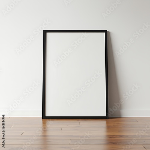Elegant Black Frame Leaning Against Wall with Wooden Floor Template Mockup for Artwork and Photography Display