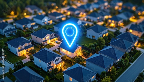 Nighttime real estate exploration includes community safety emphasis and precise location mapping for suburban homes, aiding buyers in property selection with detailed search pins