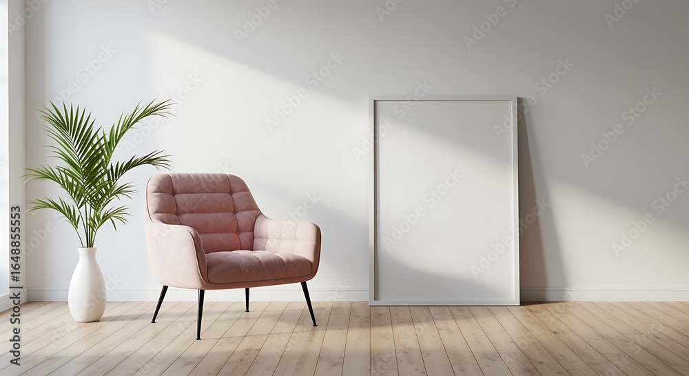 Fototapeta premium Elegant interior scene with pink armchair framed poster and green potted plant creating a serene and inviting atmosphere in a modern home