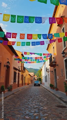 vertical. Colorful papel picado flags hanging above narrow cobblestone street lined with colonial-style buildings in traditional town. Decorative banners for cultural celebration in Mexico. Urban arch