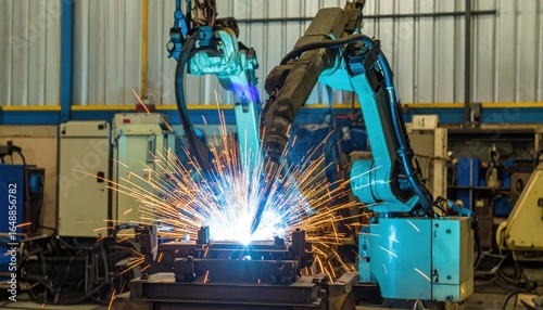Industrial robot automation in a smart factory. This machine uses advanced welding technology for the manufacturing and production process of steel parts with precision engineering.