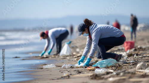 Environmental Volunteers Cleaning Plastic Waste from a Beach Shoreline. Ai gen.
