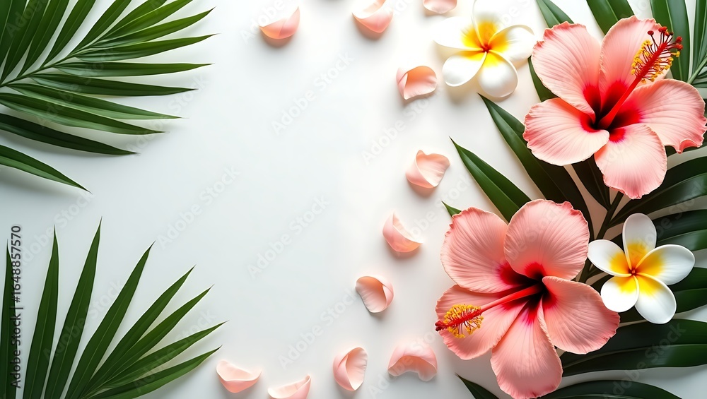Obraz premium Arrangement of hibiscus and plumeria flowers with palm leaves on white