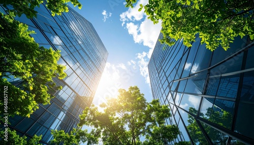 Summer sky in the city with green trees and shiny glass exterior walls in harmony