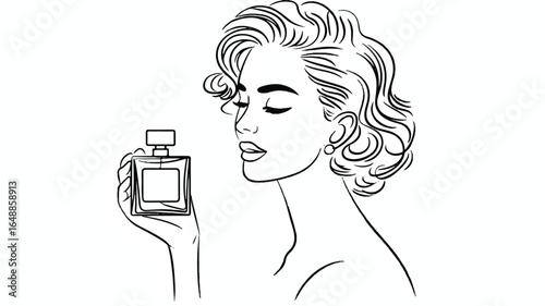 Elegant woman holding a perfume bottle showcasing sophisticated style and beauty in a minimalistic black and white line art illustration capturing a timeless essence of feminine allure and grace