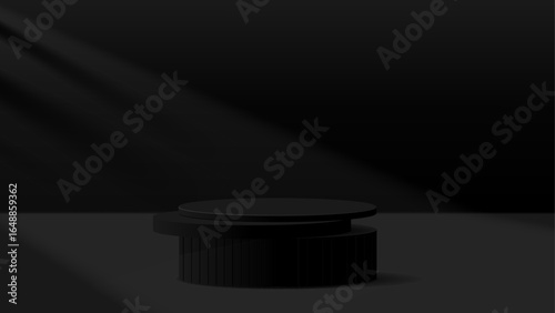 Black cylindrical podium is under a light ray background.