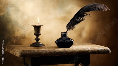 A black glossy inkwell with a delicate feather pen and a slender candle emitting soft light on an aged brown table,